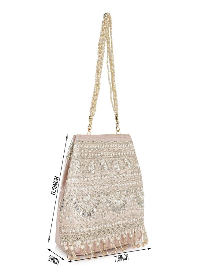 Nevis Stylish Embroidery Unique Desing Traditional Wedding Party Handheld Portli Bag For Women (PINK) - Image 4